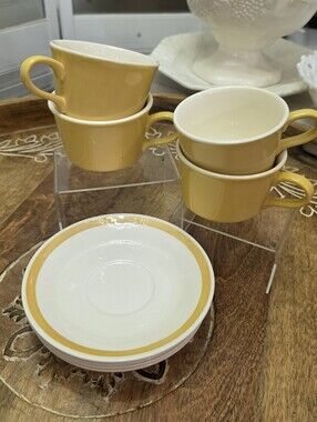 Vintage Jamestown China Yellow Ironstone Teacup Saucer Set MCM Cups Plates 4